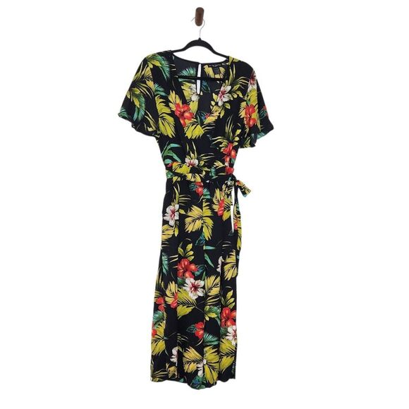 See You Monday Black Tropical Print Cropped Wide Leg Jumpsuit NWOT Size Large - Picture 1 of 9